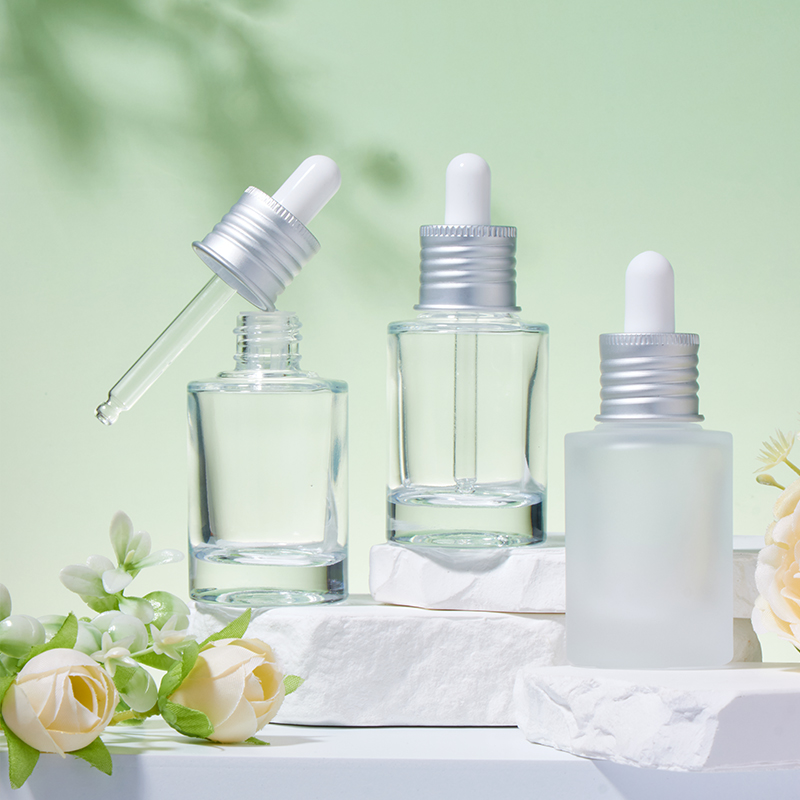 بطری های قطره چکان شیشه ای مات و شفاف دایره ای نقره ای 20 میلی متری 30 میلی لیتری